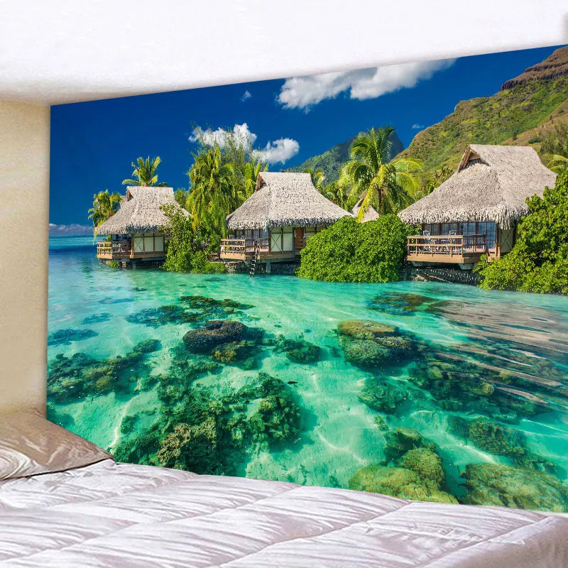 Tapisserie Murale Plage Surf - Décoration Tropicale avec Palmiers & Océan