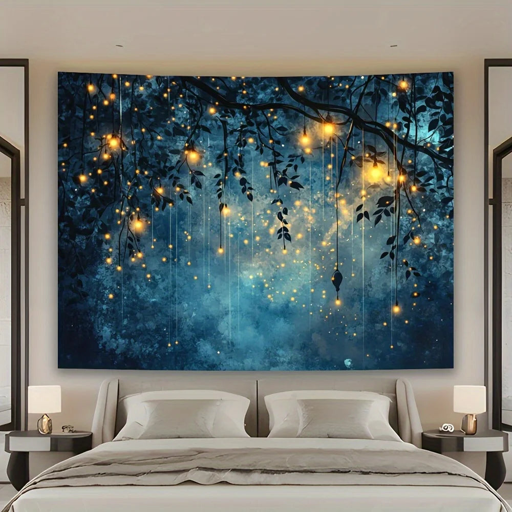 Tapisserie Murale Forêt Enchantée - Tenture Féerique avec Lumières & Lucioles, Décoration Murale Cosy