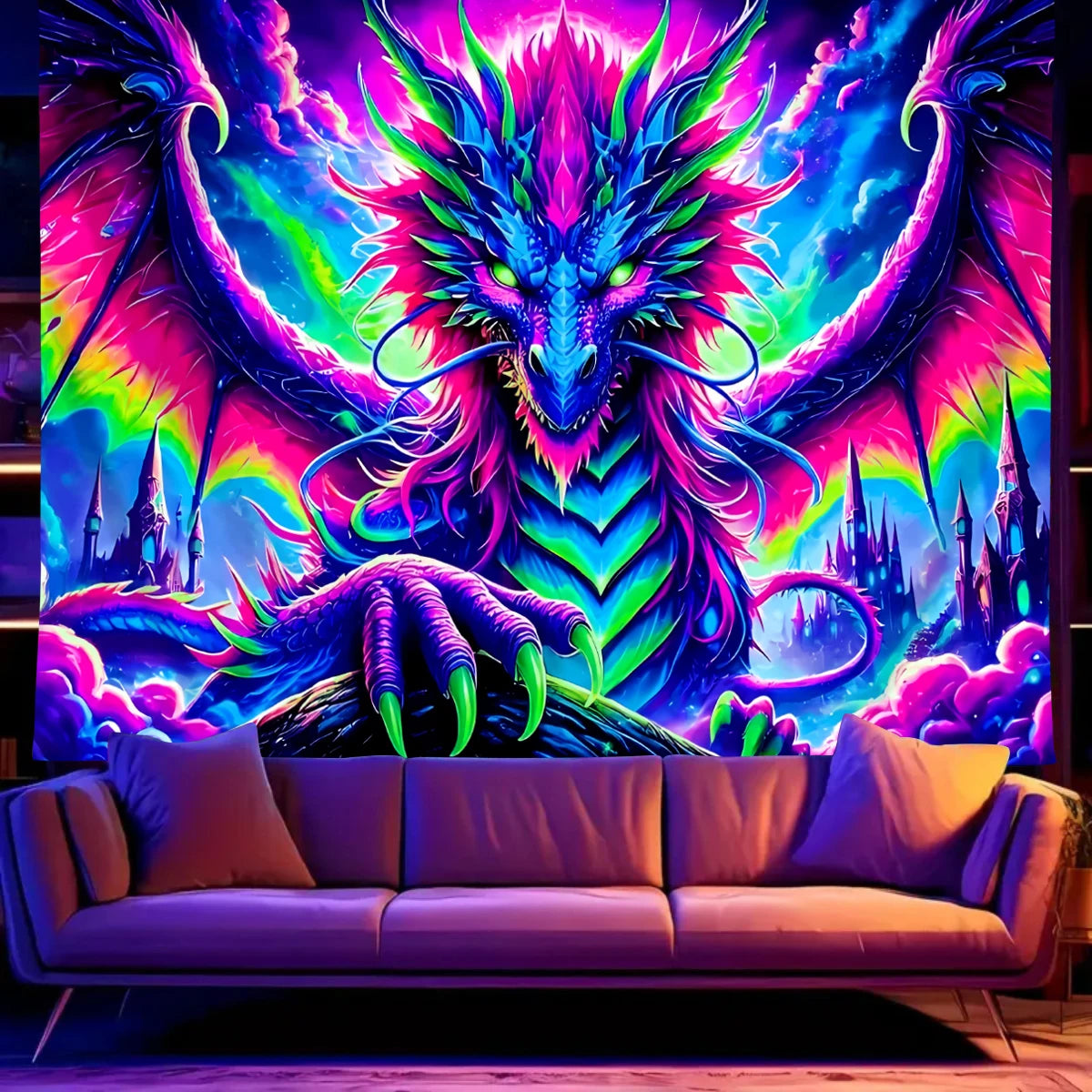 Tapisserie Murale Dragon Néon - Art Fantastique Psychédélique, Décoration Murale Colorée