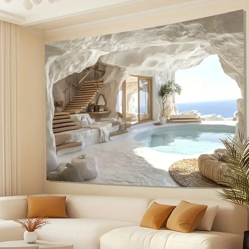 Tapisserie Murale Grotte Méditerranéenne - Piscine & Vue Mer - Trompe-l'Oeil Luxueux