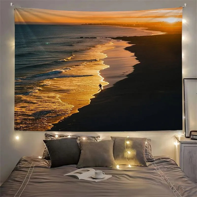 Tapisserie Murale Plage Noir & Or - Déco Murale Coucher du Soleil