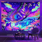 Tapisserie Murale Cosmos Néon - Planète à Anneaux & Paysage Futuriste