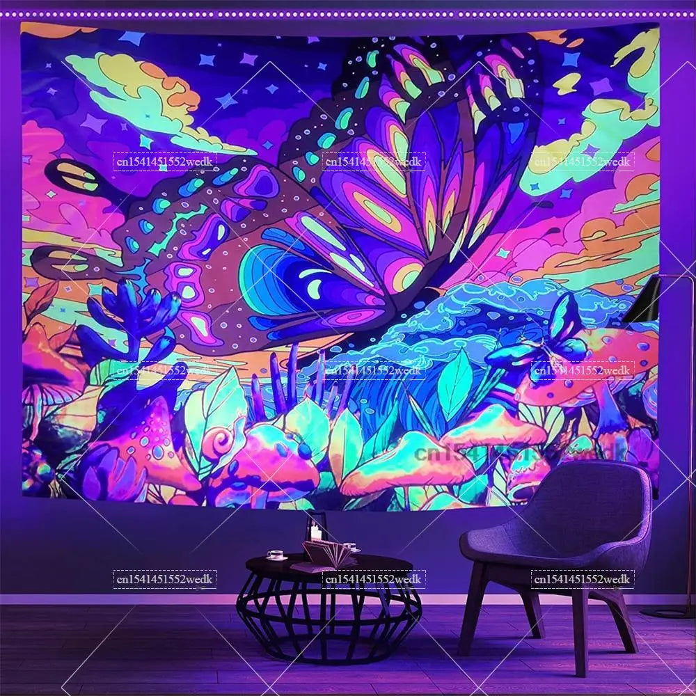 Tapisserie Murale Cosmos Néon - Planète à Anneaux & Paysage Futuriste