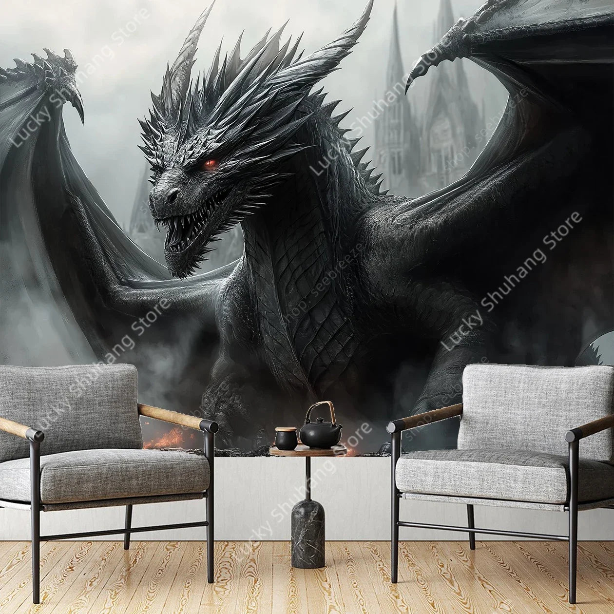 Tapisserie Murale Dragon Noir - Créature Fantastique & Décor Dark Fantasy