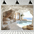 Tapisserie Murale Grotte Méditerranéenne - Piscine & Vue Mer - Trompe-l'Oeil Luxueux