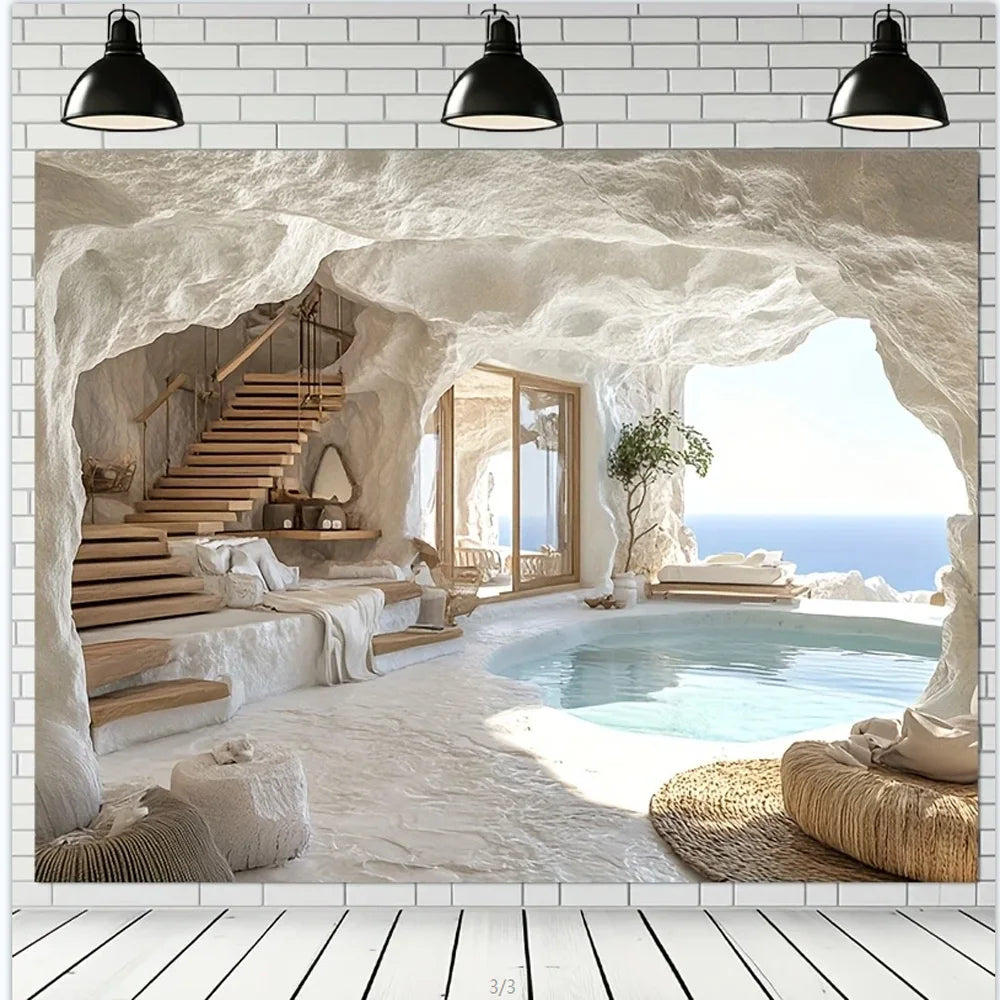 Tapisserie Murale Grotte Méditerranéenne - Piscine & Vue Mer - Trompe-l'Oeil Luxueux