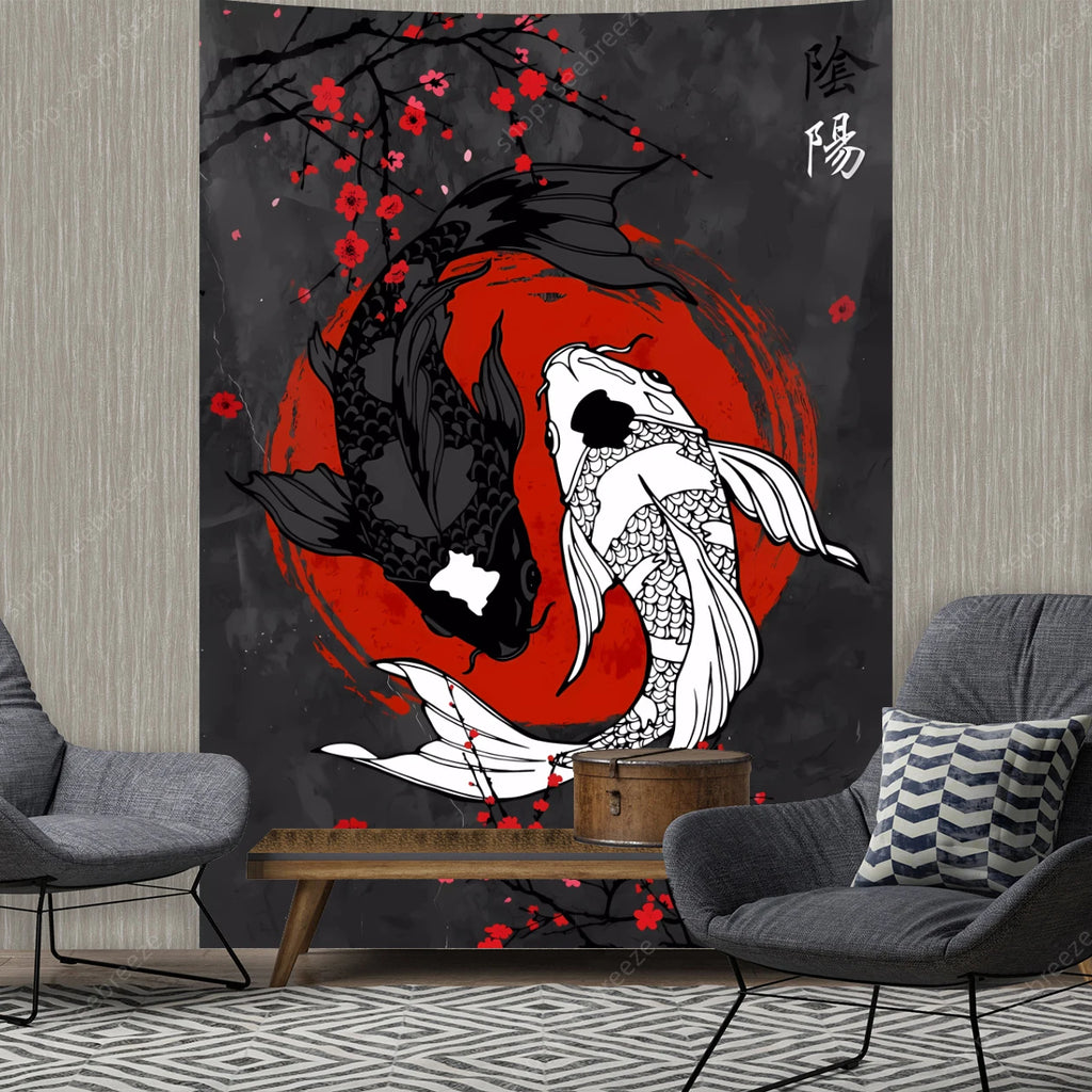 Tapisserie Murale Japonaise Koi Yin Yang - Décoration Zen, Carpes Rouge & Noir