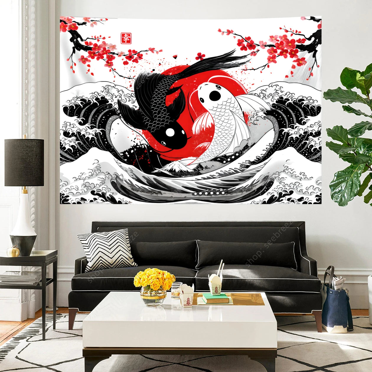 Tapisserie Murale Japonaise Koi Yin Yang - Décoration Zen, Carpes Rouge & Noir
