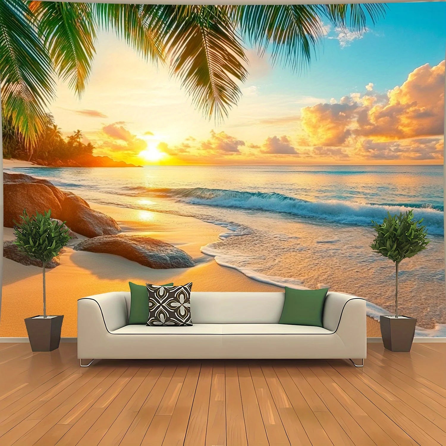 Tapisserie Murale Plage Tropicale au Coucher du Soleil - Décoration Paradisiaque