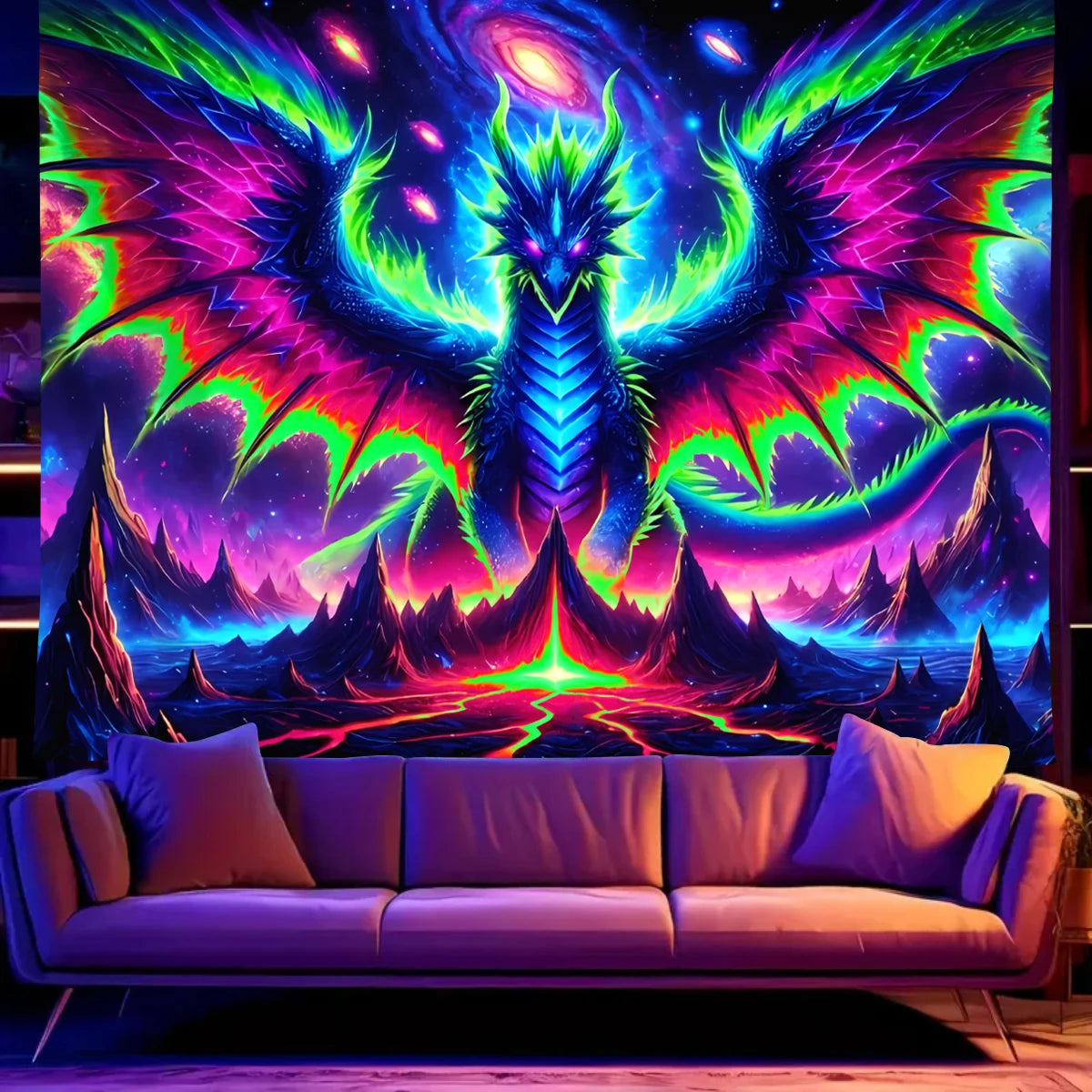 Tapisserie Murale Dragon Néon - Art Fantastique Psychédélique, Décoration Murale Colorée