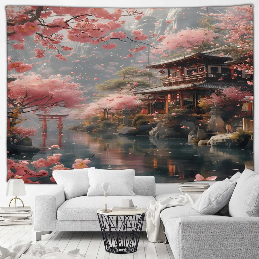 Tapisserie Japonaise Sakura - Montagnes & Fleurs de Cerisiers - Décoration Zen