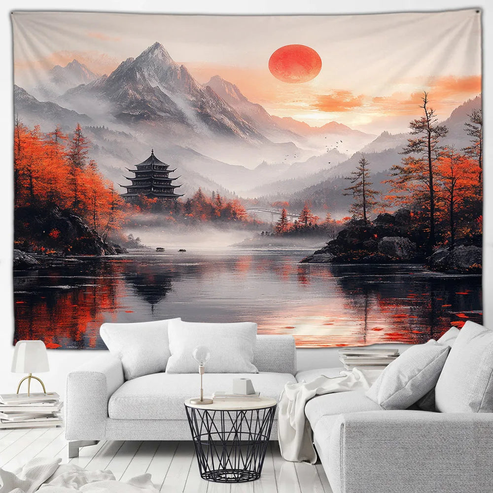 Tapisserie Japonaise Sakura - Montagnes & Fleurs de Cerisiers - Décoration Zen