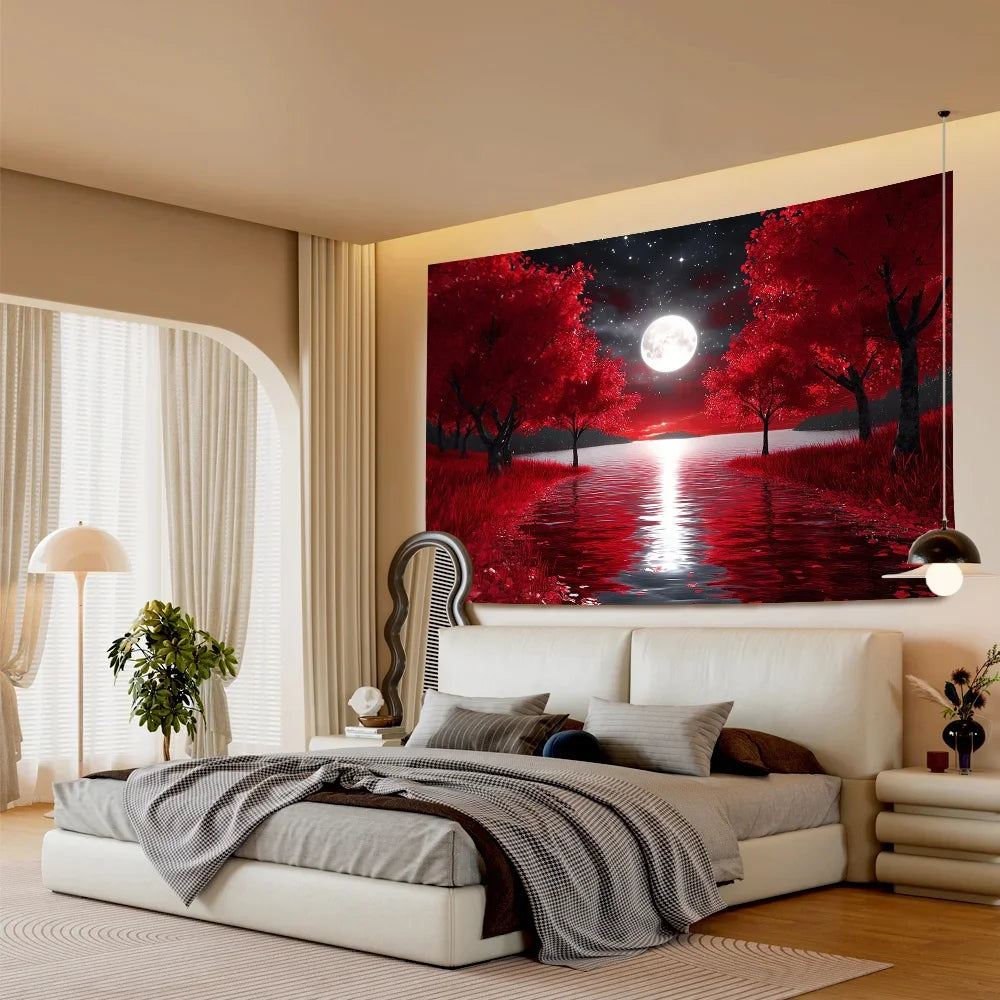 Tapisserie Murale Forêt Rouge & Lune - Paysage Nocturne Mystique