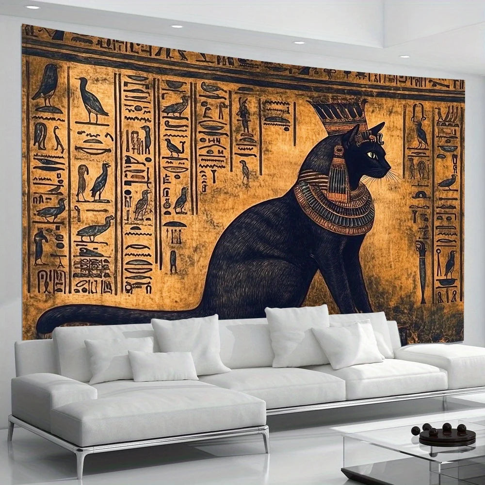 Tapisserie Murale Chat Egyptien - Art de l'Egypte Antique & Hiéroglyphes Dorés