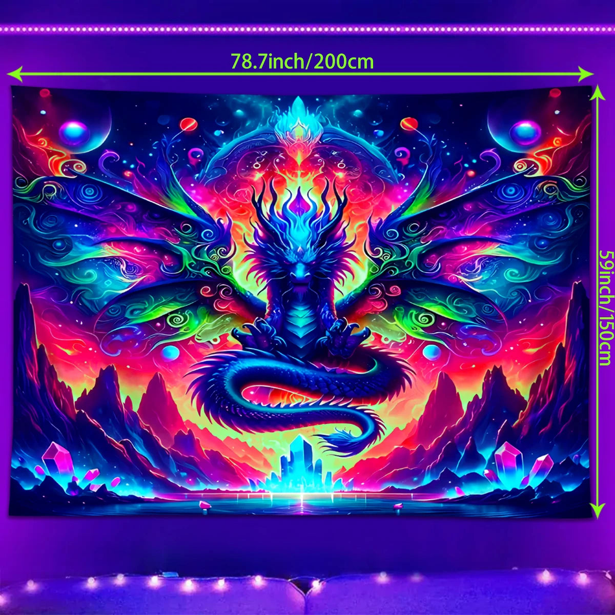 Tapisserie Murale Dragon Néon - Art Fantastique Psychédélique, Décoration Murale Colorée