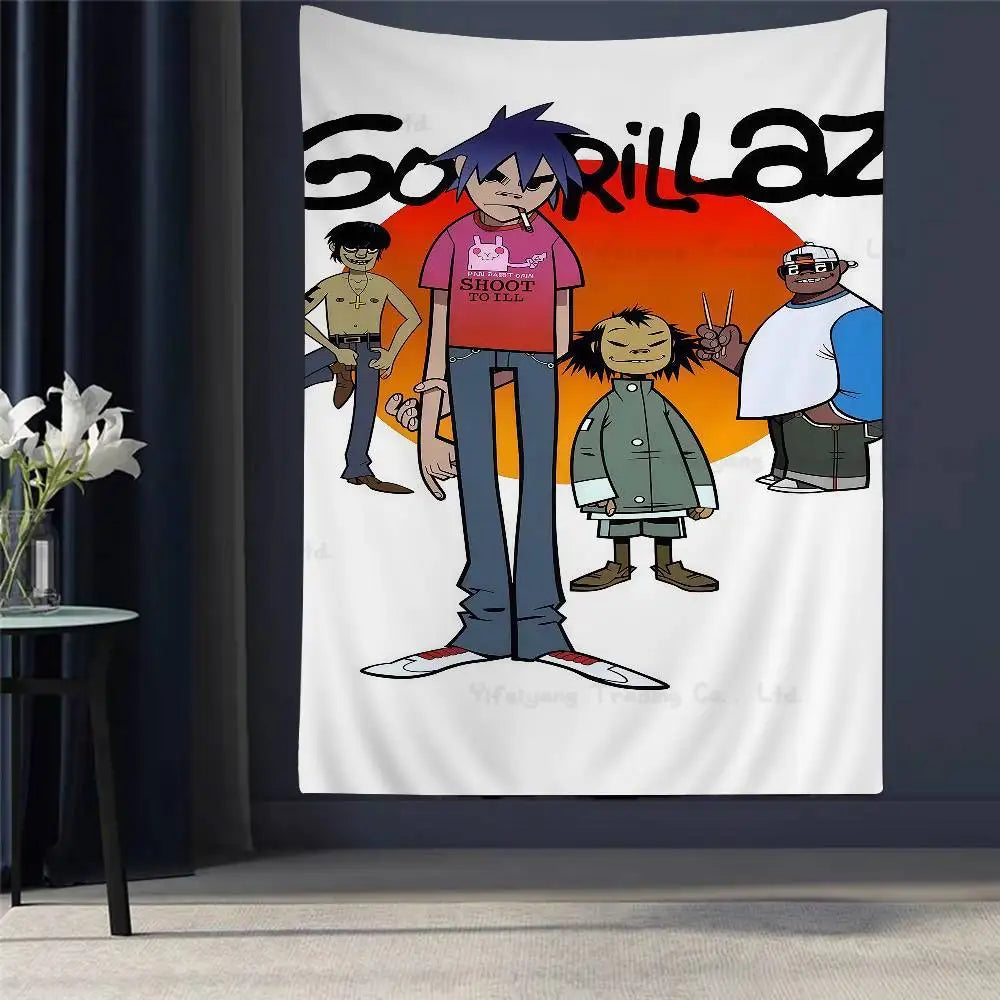 Tapisserie Murale Style Gorillaz - Tenture Art Cartoon Urbain, Décoration Murale Moderne