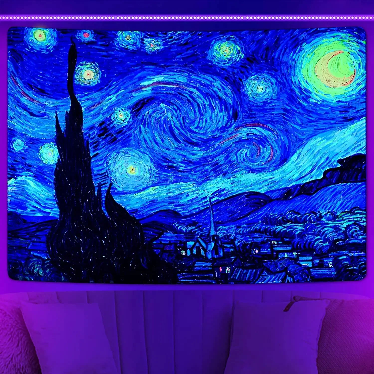 Tapisserie Murale Nuit Étoilée - Poster Décoratif Art Van Gogh Neon, Décoration Moderne Salon, Chambre et Bureau