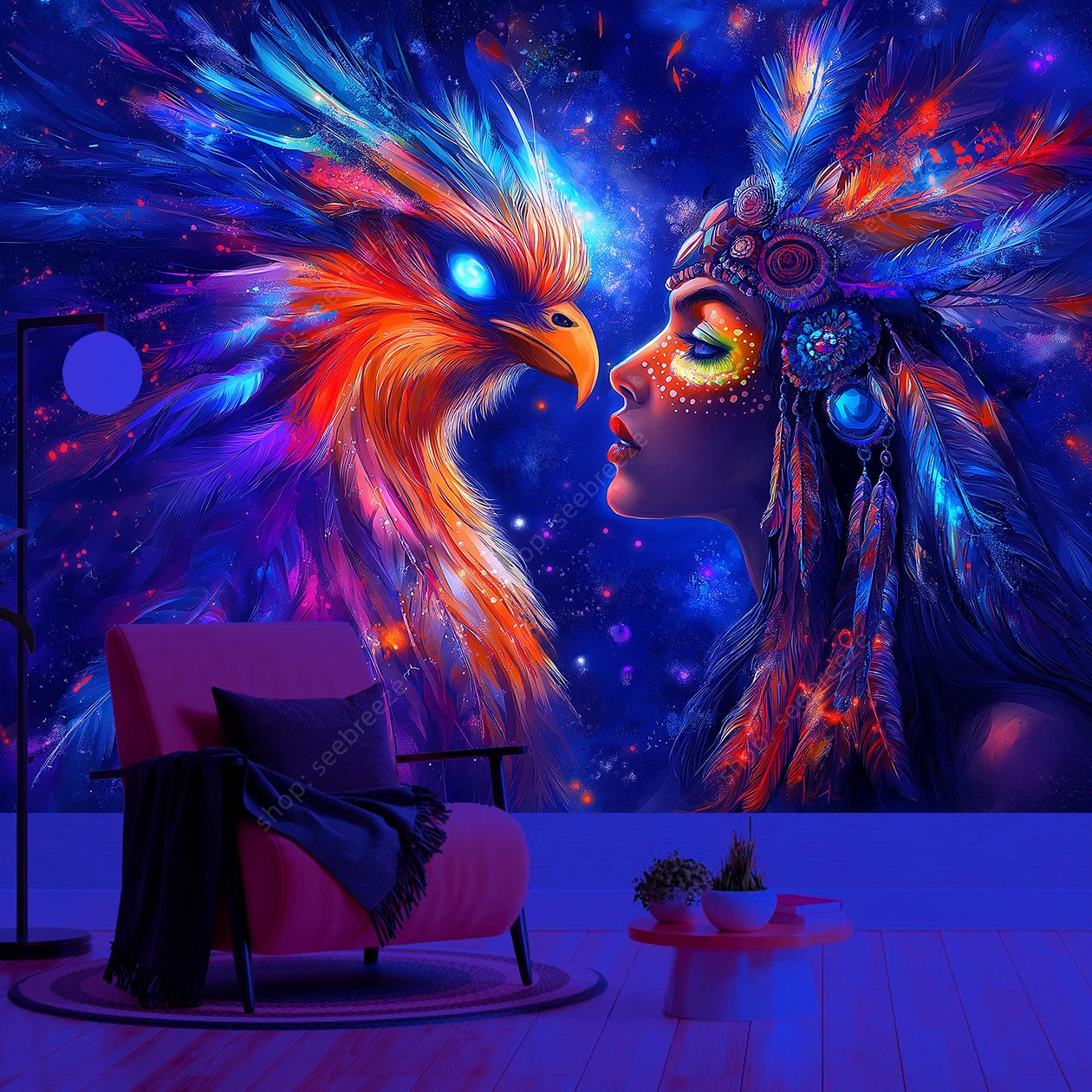 Tapisserie Murale Femme & Oiseau Mythique - Tenture Fantasy Galactique, Décoration Murale Néon