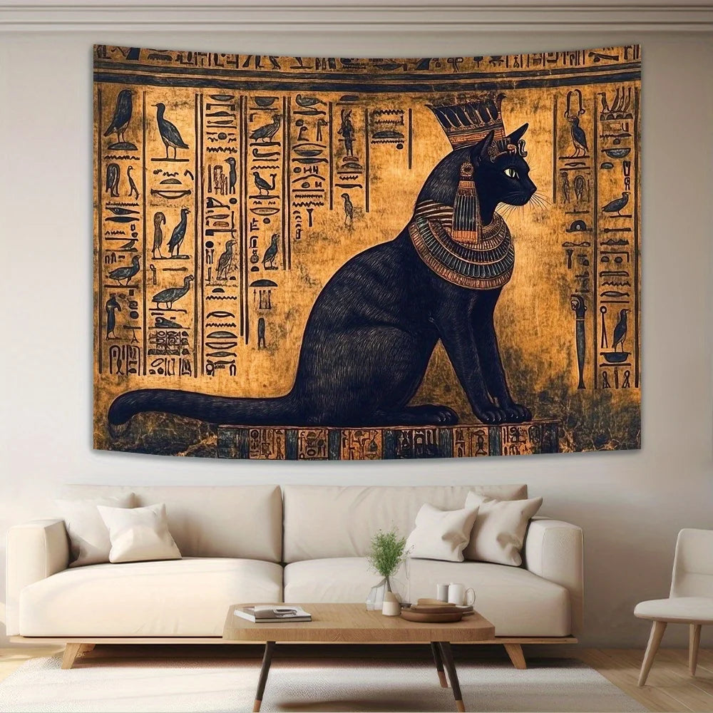 Tapisserie Murale Chat Egyptien - Art de l'Egypte Antique & Hiéroglyphes Dorés
