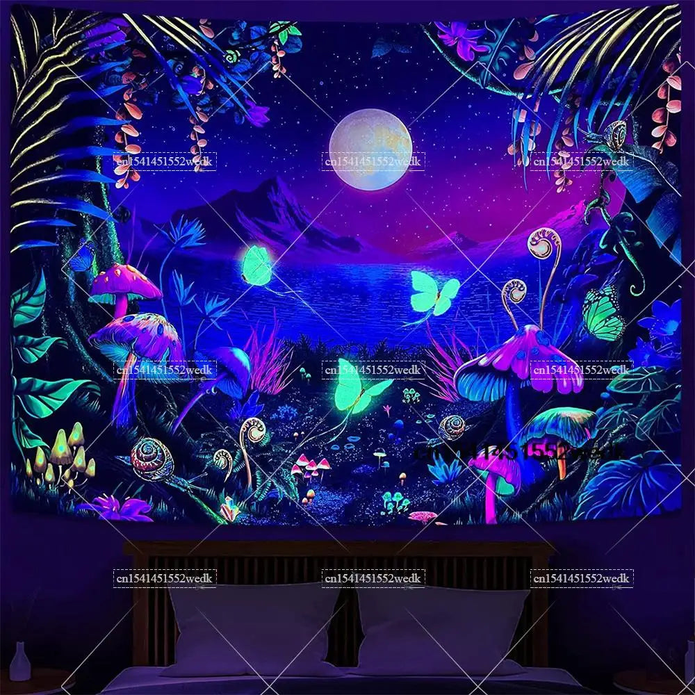 Tapisserie Murale Cosmos Néon - Planète à Anneaux & Paysage Futuriste