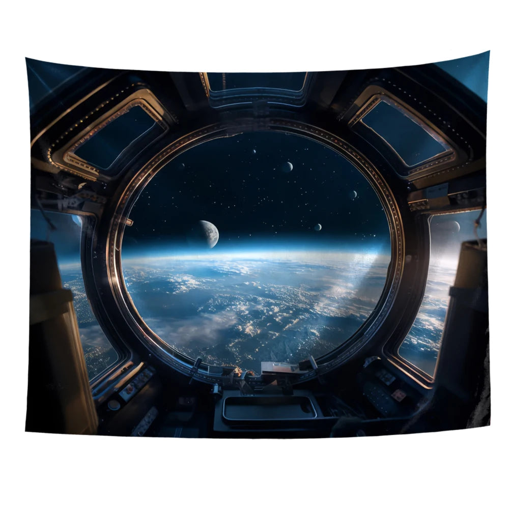 Tapisserie Hublot Spatial - Vue de la Terre depuis l'Espace, Décoration Sci-Fi