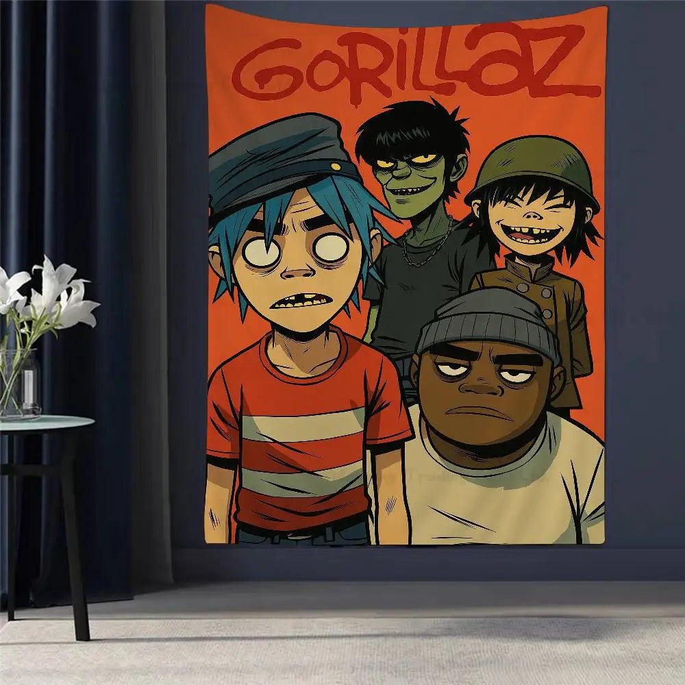 Tapisserie Murale Style Gorillaz - Tenture Art Cartoon Urbain, Décoration Murale Moderne