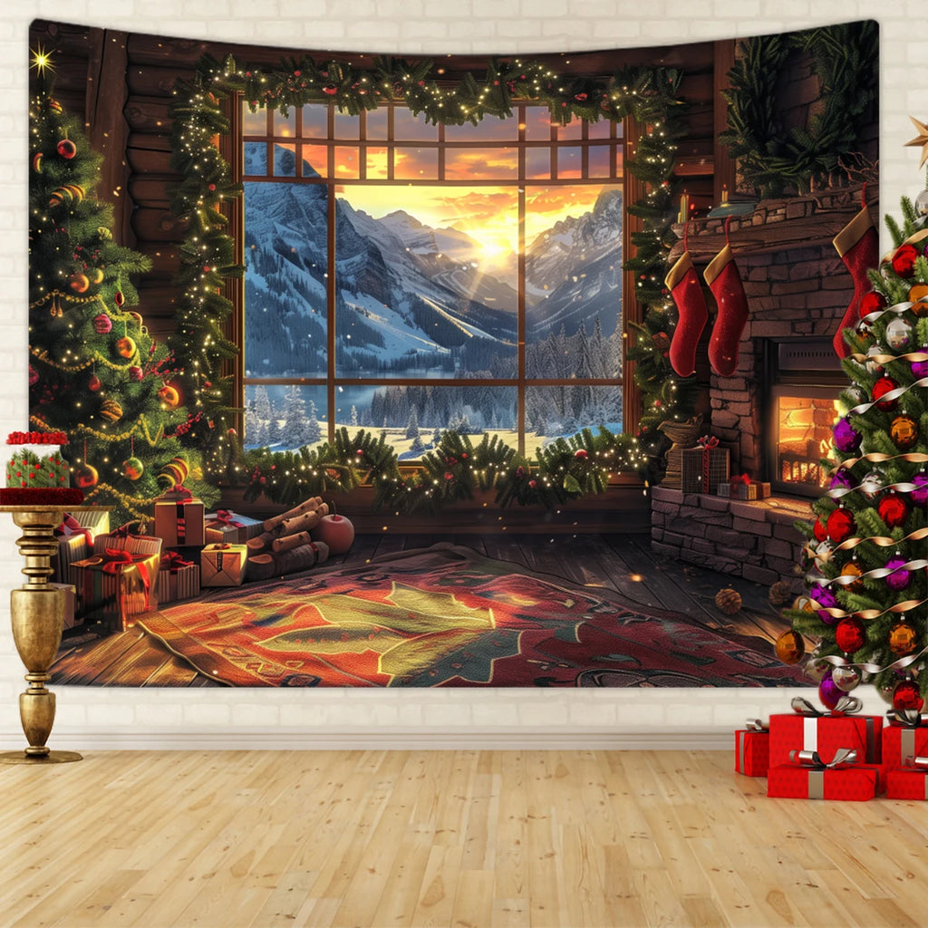 Tapisserie Murale de Noël - Sapin, Bougies & Cadeaux - Décoration Festive Cosy