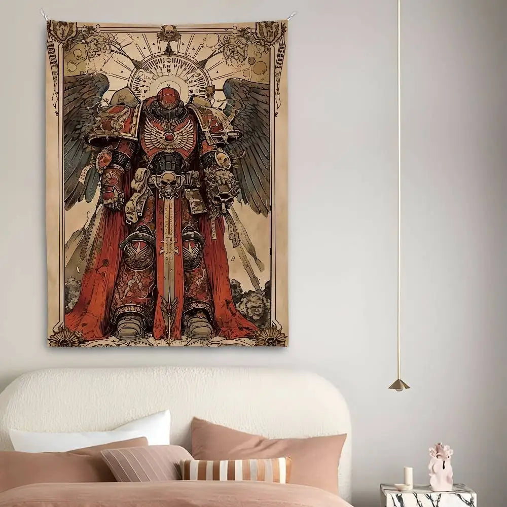 Tapisserie Murale Guerrier Ailé & Armure Sacrée - Art Fantasy Gothique