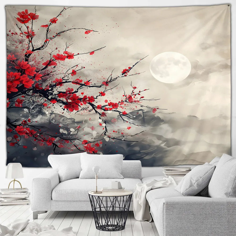 Tapisserie Japonaise Sakura - Montagnes & Fleurs de Cerisiers - Décoration Zen