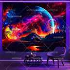 Tapisserie Murale Cosmos Néon - Planète à Anneaux & Paysage Futuriste