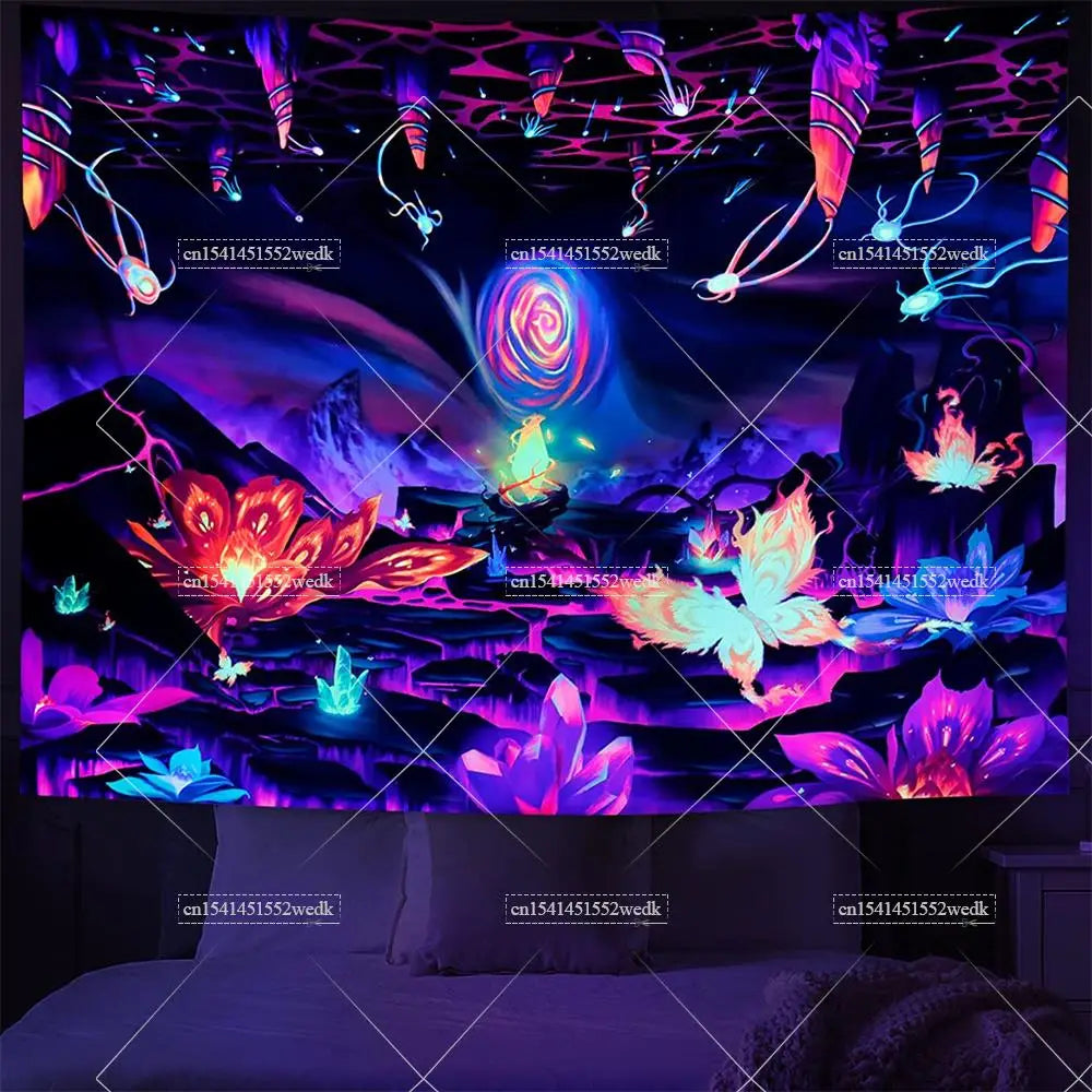 Tapisserie Murale Cosmos Néon - Planète à Anneaux & Paysage Futuriste