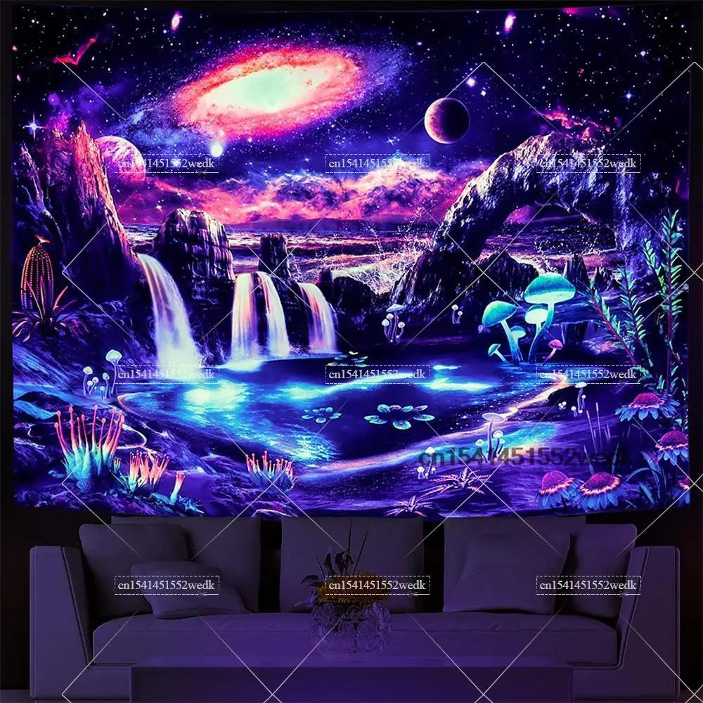 Tapisserie Murale Cosmos Néon - Planète à Anneaux & Paysage Futuriste