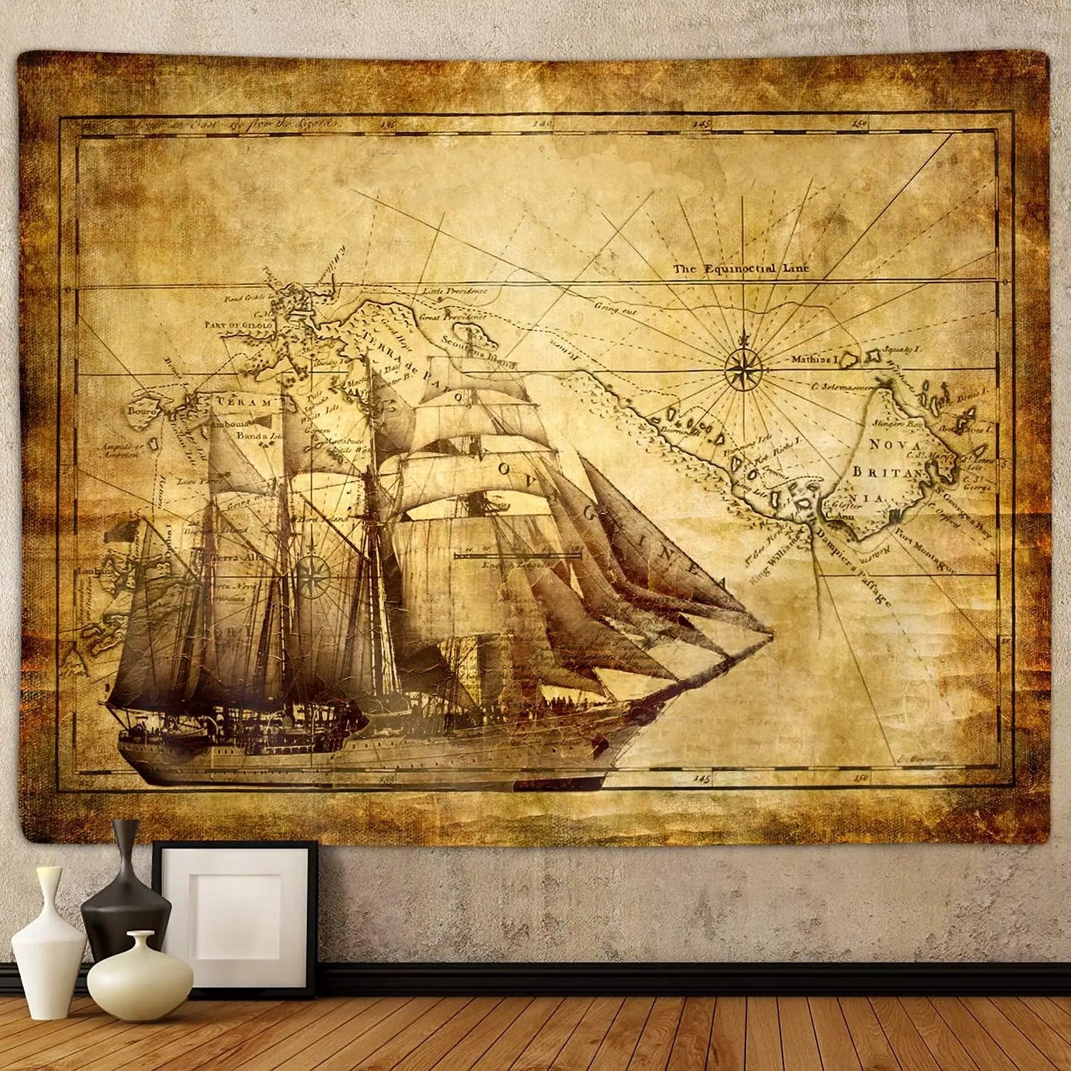 Tapisserie Carte Maritime Vintage - Voilier Ancien & Carte du Monde