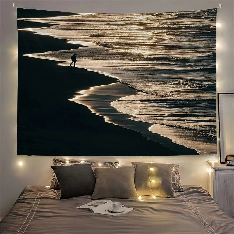 Tapisserie Murale Plage Noir & Or - Déco Murale Coucher du Soleil