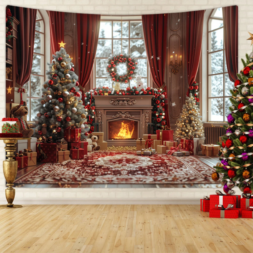 Tapisserie Murale de Noël - Sapin, Bougies & Cadeaux - Décoration Festive Cosy