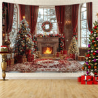 Tapisserie Murale de Noël - Sapin, Bougies & Cadeaux - Décoration Festive Cosy