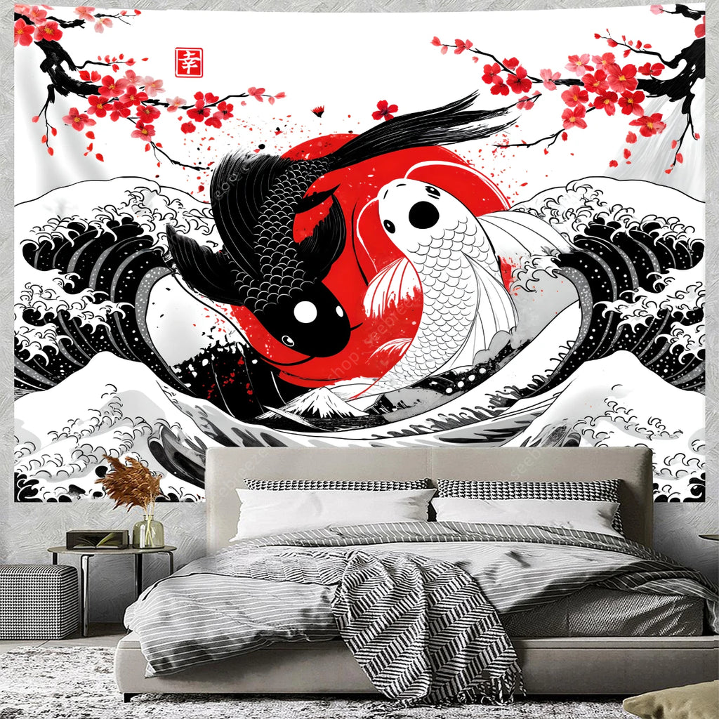 Tapisserie Murale Japonaise Koi Yin Yang - Décoration Zen, Carpes Rouge & Noir