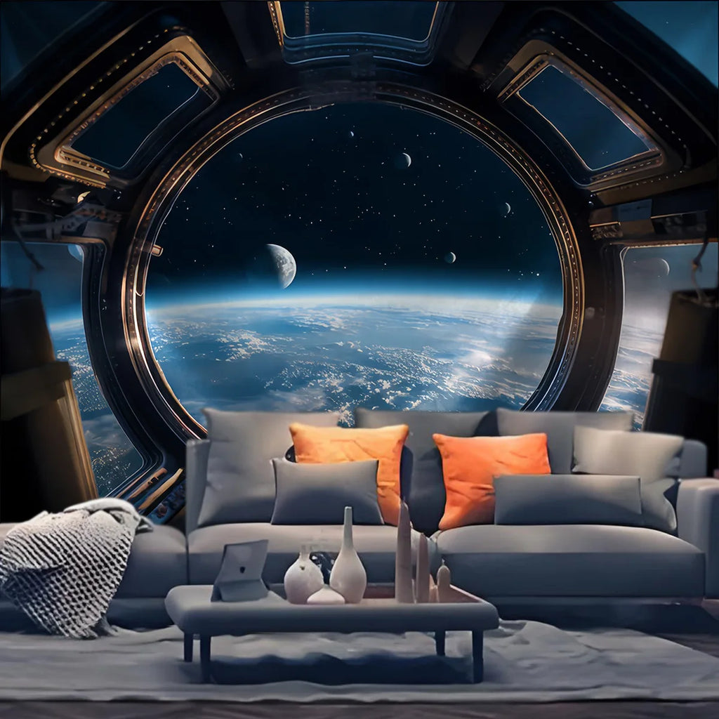 Tapisserie Hublot Spatial - Vue de la Terre depuis l'Espace, Décoration Sci-Fi