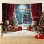 Tapisserie Murale de Noël - Ours en Peluche, Sapins & Neige - Décoration Festive