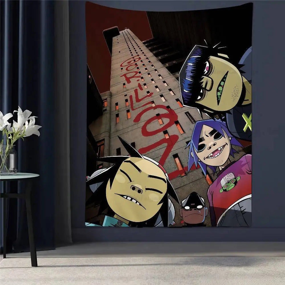 Tapisserie Murale Style Gorillaz - Tenture Art Cartoon Urbain, Décoration Murale Moderne