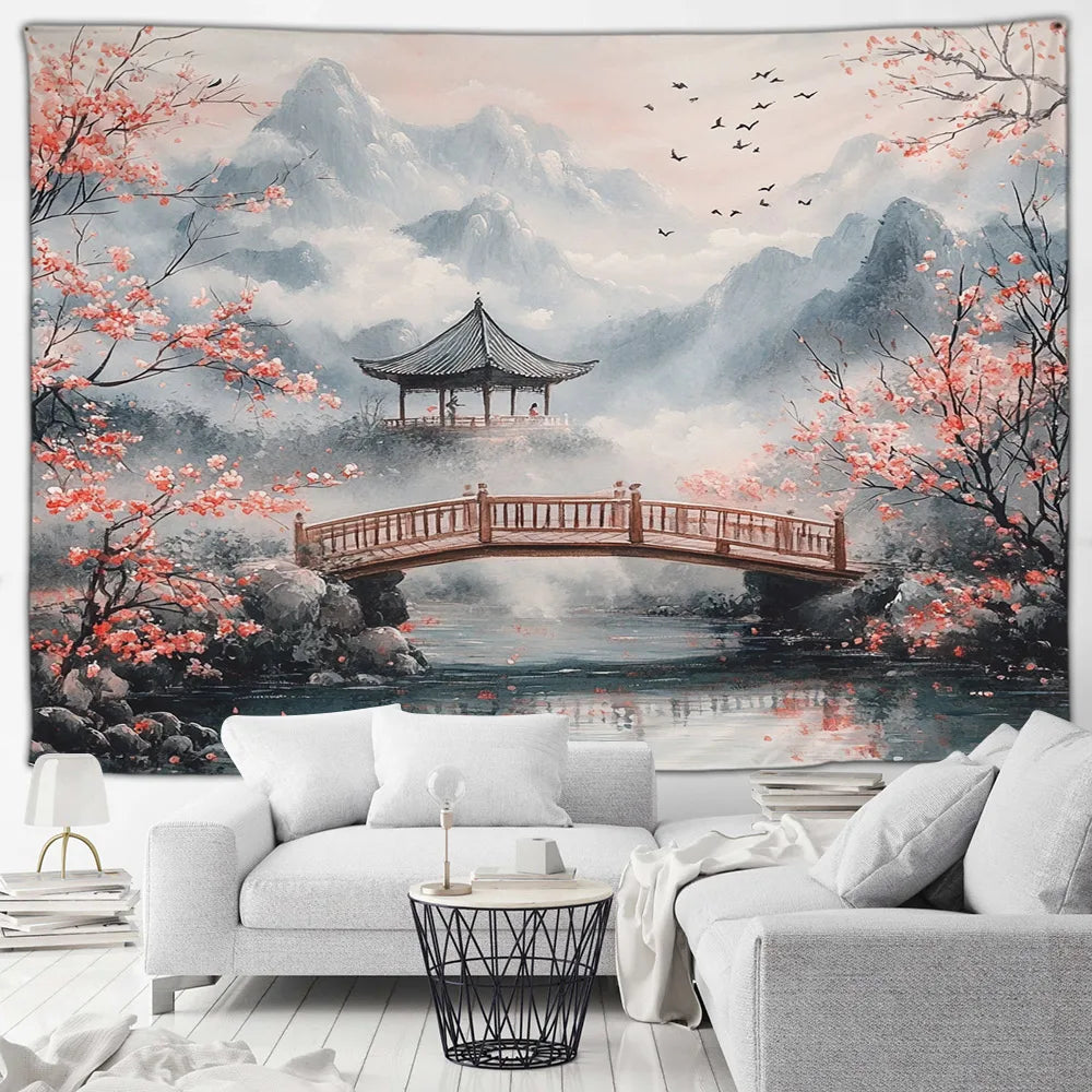 Tapisserie Japonaise Sakura - Montagnes & Fleurs de Cerisiers - Décoration Zen