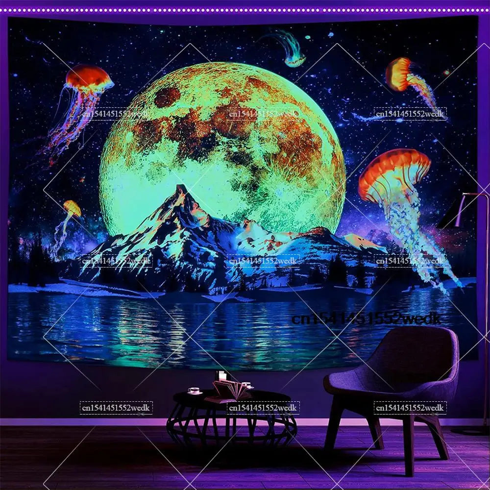 Tapisserie Murale Cosmos Néon - Planète à Anneaux & Paysage Futuriste