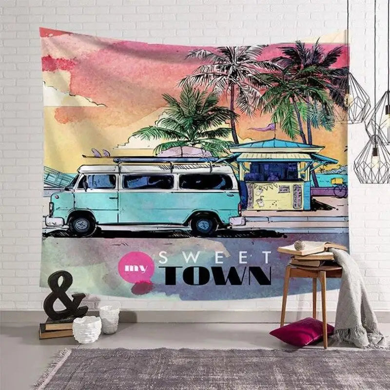 Tapisserie Murale Summer Time - Van Surf & Plage Tropicale