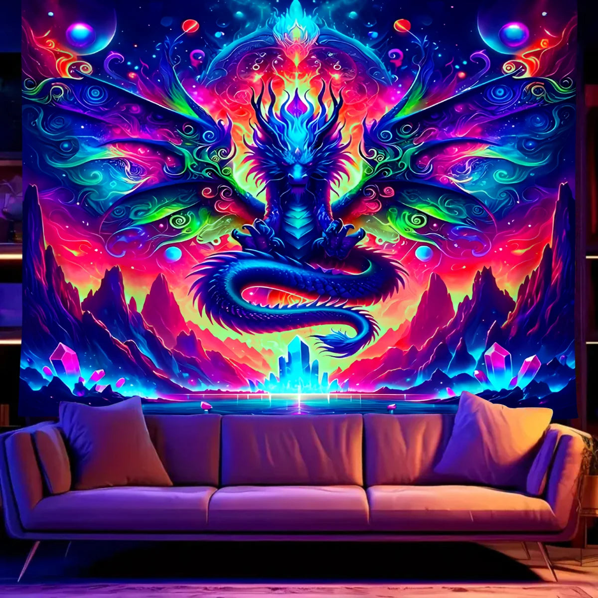 Tapisserie Murale Dragon Néon - Art Fantastique Psychédélique, Décoration Murale Colorée