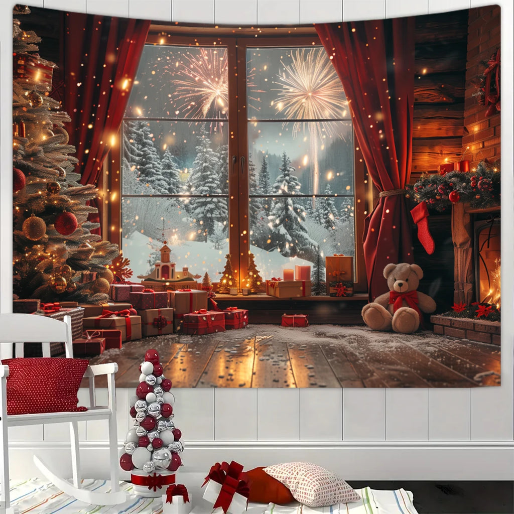 Tapisserie Murale de Noël - Sapin, Bougies & Cadeaux - Décoration Festive Cosy