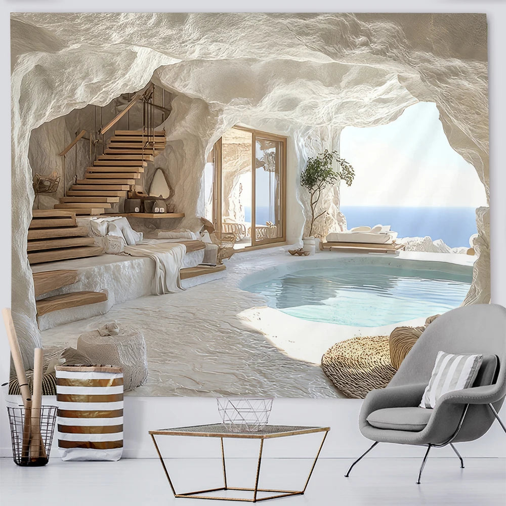 Tapisserie Murale Grotte Méditerranéenne - Piscine & Vue Mer - Trompe-l'Oeil Luxueux
