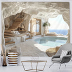 Tapisserie Murale Grotte Méditerranéenne - Piscine & Vue Mer - Trompe-l'Oeil Luxueux