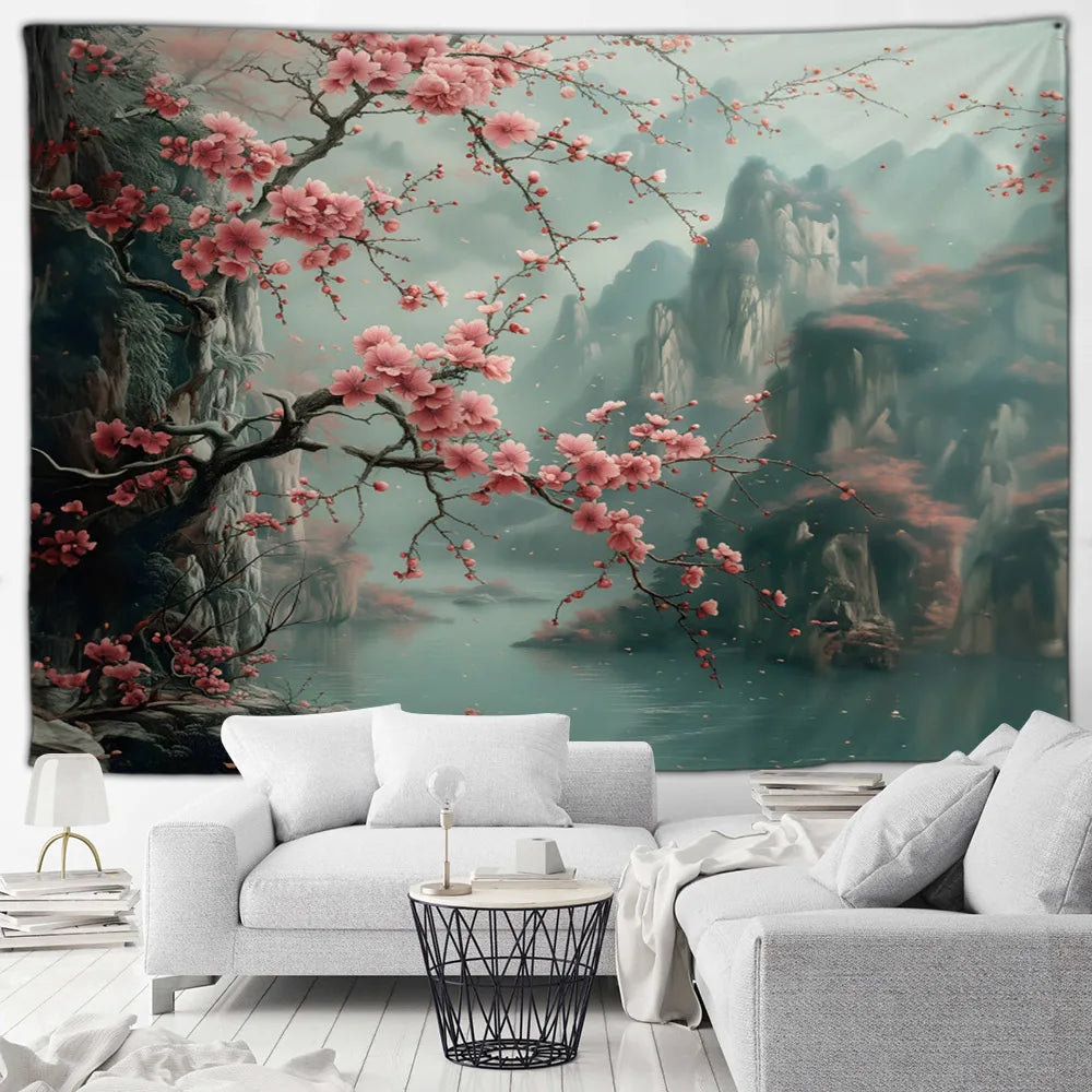 Tapisserie Japonaise Sakura - Montagnes & Fleurs de Cerisiers - Décoration Zen