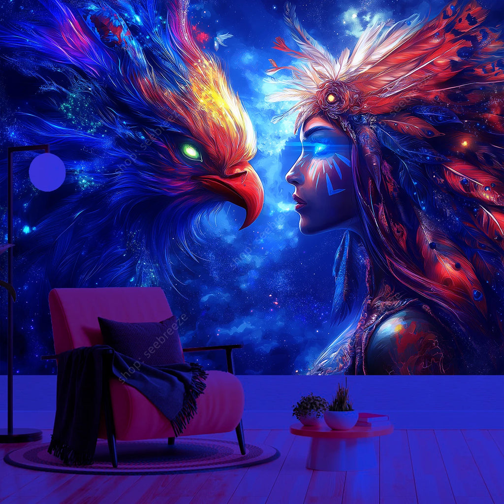 Tapisserie Murale Femme & Oiseau Mythique - Tenture Fantasy Galactique, Décoration Murale Néon