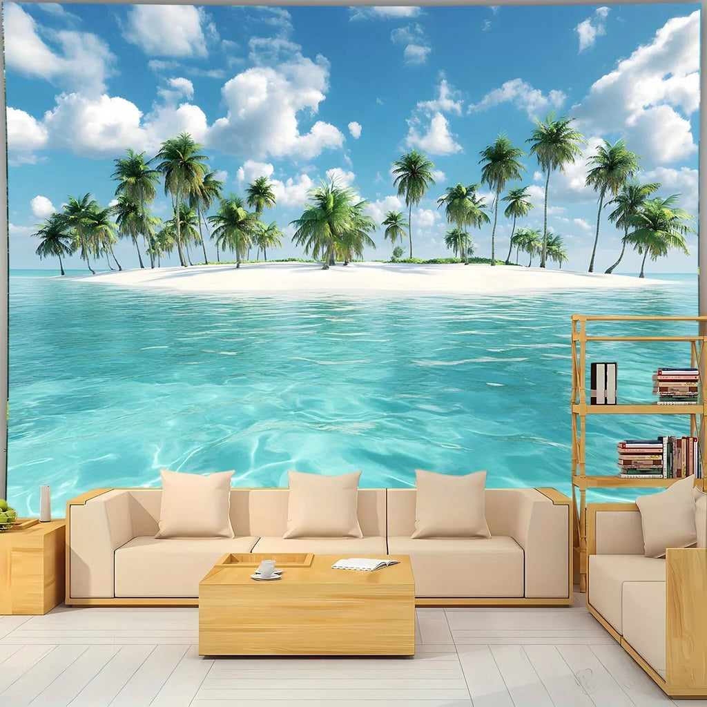 Tapisserie Murale Plage Tropicale - Eau Turquoise & Palmiers - Décoration Paradisiaque